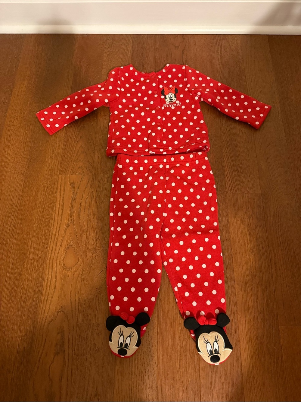 Disney Baby Minnie Mouse Red White Polka Dot Fleece Pajama Set 3D Feet 6-9M